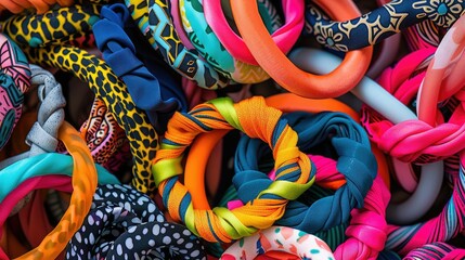 A mix of plain and patterned hair ties in vibrant colors, arranged in a stylish flat lay.