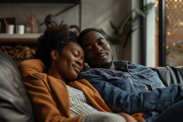 Obraz premium A man and a woman lying down together on a couch, likely enjoying quality time or taking a break