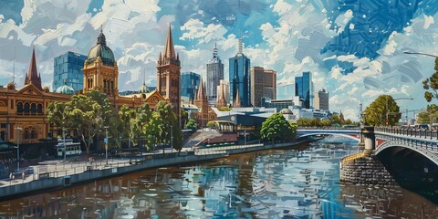 hiroshi hagai style painting of a city with flinders street and the yarra river 
