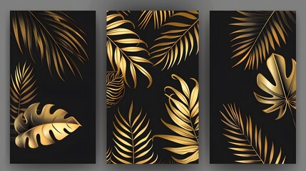 Tropical cover design set with palm branch (golden leaf) print on background. Holiday black and gold exotic pattern for vector floral wedding party card, luxury menu template, summer holiday poster
