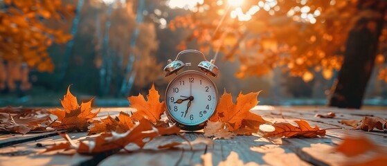 Alarm clock and orange color leaves on wooden table. Classic Alarm Clock Nestled Among Vibrant Orange Foliage, Reminding Us of Daylight Saving Time's Shift and Nature's Embrace of Fall