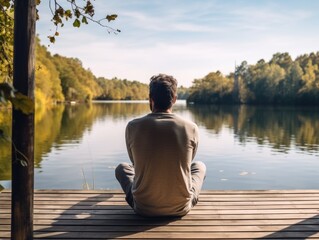 A person sitting on a dock, looking out at the calm surface of a lake