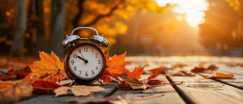 Alarm clock and orange color leaves on wooden table. Classic Alarm Clock Nestled Among Vibrant Orange Foliage, Reminding Us of Daylight Saving Time's Shift and Nature's Embrace of Fall