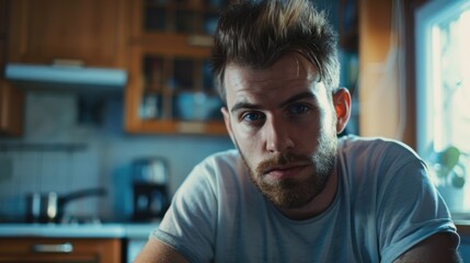 Obraz premium A man sitting at a kitchen table with unknown content