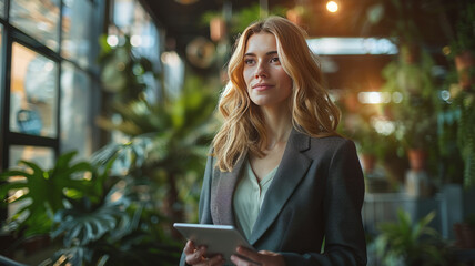 Serious female administrative manager in formal suit walking in office with digital tablet for checking office working process,generative ai