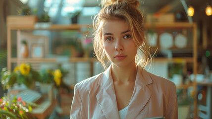 Serious female administrative manager in formal suit walking in office with digital tablet for checking office working process,generative ai