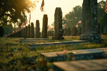 A row of tombstones with American flags in the background, suitable for patriotic or memorial-themed projects