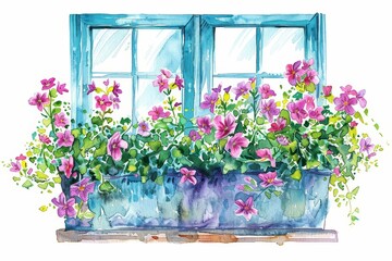 A cute watercolor of bouvardia flowers, with their starshaped blooms, in a cheerful window box, on a sunny morning, with a gentle breeze, clipart isolated on white