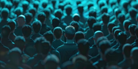 Obraz premium Mass gathering in front of a bright blue glow, perfect for illustrations on news, events, or futuristic concepts