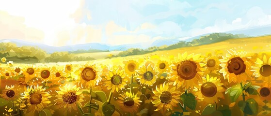Fototapeta premium A kawaii watercolor of a sunflower field, with tall, cheerful flowers, facing the sun, in a golden landscape, with rolling hills and a bright blue sky, clipart isolated on white