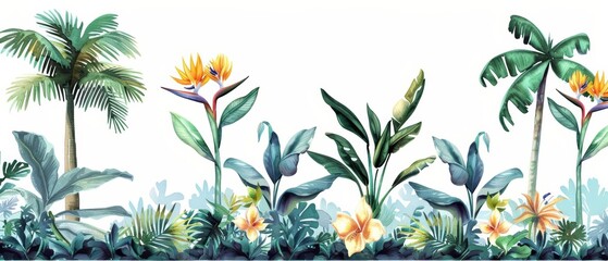 A kawaii watercolor of bird of paradise flowers, with their vivid, tropical colors, in a sunny coastal garden, with palm trees and a clear blue sky, clipart isolated on white