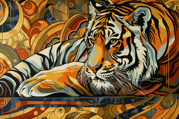 A tiger is painted in a colorful swirl