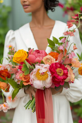 Bright wedding bouquet of pink peonies, red anemones, yellow and orange roses in the bride's hands