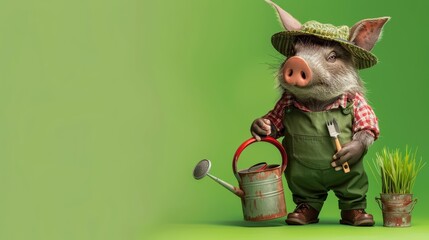 A peccary in a gardener s outfit, holding a small watering can and trowel, set against a solid green background with copy space