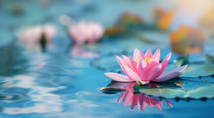 Close-up of a pink lotus flower on the lake water