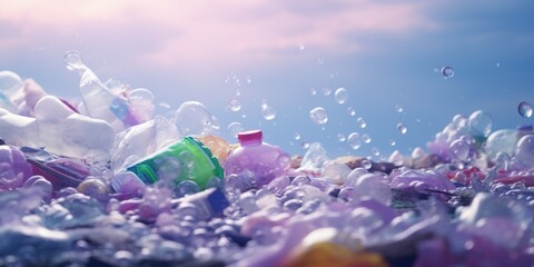 A bunch of plastic bottles floating on the surface of the water, highlighting the issue of pollution and waste management - Powered by Adobe
