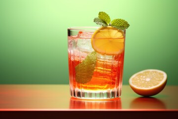 Fototapeta premium A refreshing beverage served in a glass with a slice of lemon and a sprig of mint