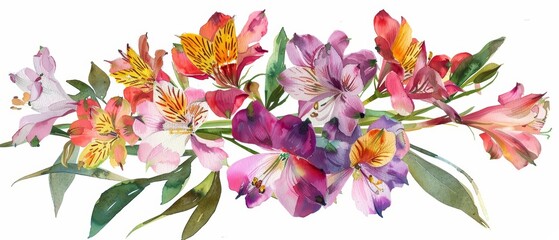 A watercolor of alstroemeria flowers, with their exotic, speckled petals, in a lush bouquet, on a stylish dining table, in an elegant room, clipart isolated on white