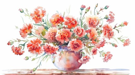 A watercolor of carnations, with their ruffled petals, in a vibrant arrangement, in a classic vase, on a wooden side table, in a cozy room, clipart isolated on white
