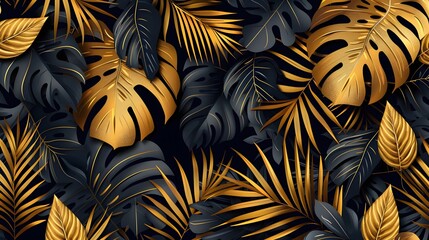 Vector seamless pattern with gold and black tropical leaves on dark background. Exotic botanical background design for cosmetics, spa, textile, hawaiian style shirt. Best as wrapping paper, wallpaper