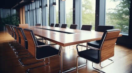 A wooden table with black chairs placed in front of a large window, suitable for office or home use