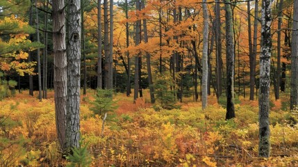 Obraz premium A variety of tree species from pine and oak to birch and maple creating a diverse ecosystem.