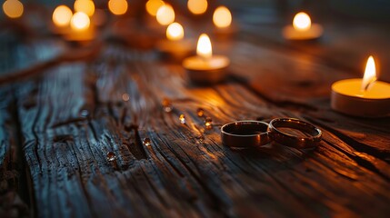 Wedding Rings on Rustic Table with Candlelight Glow - Powered by Adobe