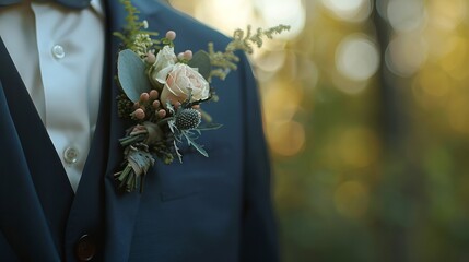 Groom's Boutonniere in Evening Forest Light
