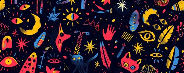 Colorful Abstract Pattern With Eyes and Cats