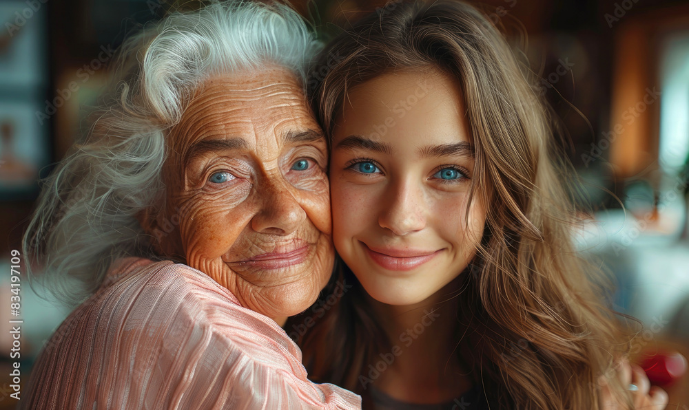 Wall mural a smiling young girl is hugging an elderly woman