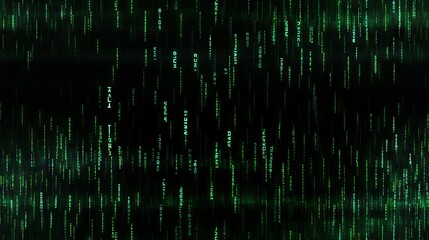 Fototapeta premium A dark room filled with glowing green pixels. The pixels are all different shapes and sizes, and they are all moving in different directions.