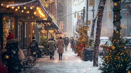 
People Walking on Snowy Christmas Street with Festive Lights