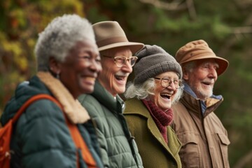 Group of older adults standing and smiling, possibly at an event or gathering