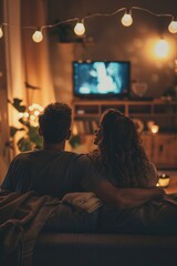 A couple sits on a couch, engrossed in their favorite TV show