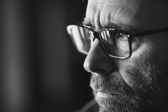 A black and white photo of a man with glasses, suitable for use in illustrations or as a stock image