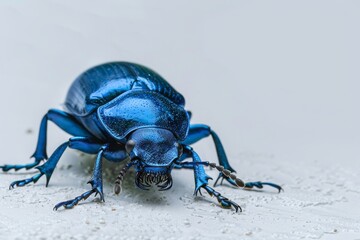 a blue beetle sitting on top of a white surface