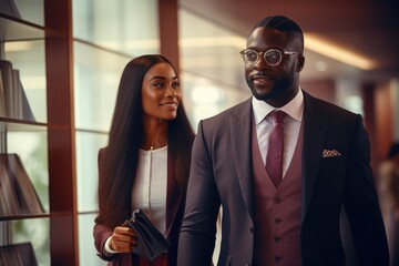 A professional man stands beside a woman, both dressed for formal occasions