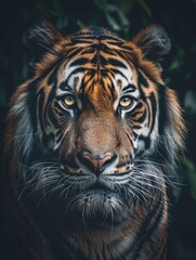 Naklejka premium Majestic tiger gazing directly at the viewer in a dense forest during twilight hours