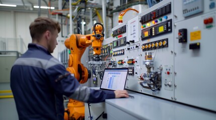 Naklejka premium Deutscher Fabrikarbeiter nutzt neuronale Netze für die vorausschauende Wartung in der Industrie. Maschinelles Lernen für die vorausschauende Wartung 