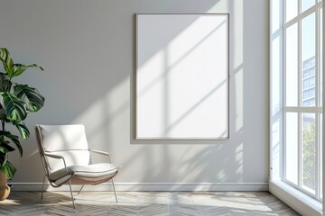 Empty wooden frame mock up on a white wall with a modern chair, plant and window from right. Scandinavian home minimalist interior design concept for design and print