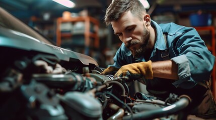 Obraz premium horizontal, mechanic, one person, photography, working, people, germany, adult, adults only, white people, examining, expertise, indoors, workshop, color image, repairing, smiling, front view, car, au