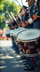  Independence Day parade with military marching band drummers in uniforms celebrating USA Fourth of July holiday