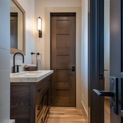 Guest room powder room in luxury custom home, new build architect drawn plans, modern style interior designer