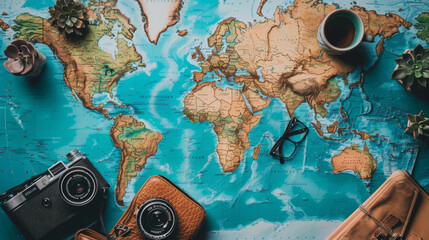 A world map with travel essentials including a camera, glasses, and a cup of coffee arranged on a table.