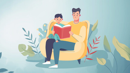 A creative composition of a father reading a bedtime story to his child, capturing a tender moment, reading bedtime story, hd, with copy space, inscription Father's Day