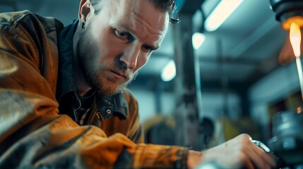 horizontal, mechanic, one person, photography, working, people, germany, adult, adults only, white people, examining, expertise, indoors, workshop, color image, repairing, smiling, front view, car, au