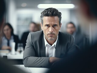 A man wearing a suit is seated at a table