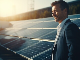 A person wearing a suit stands in front of solar panels, great for business or technology related content