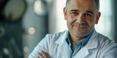 Obraz premium A man in a white lab coat standing with his arms crossed, suitable for science-related concepts and illustrations