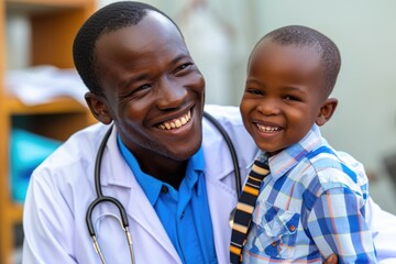 A scientist in a lab coat is holding a young boy, possibly mentoring or educating him